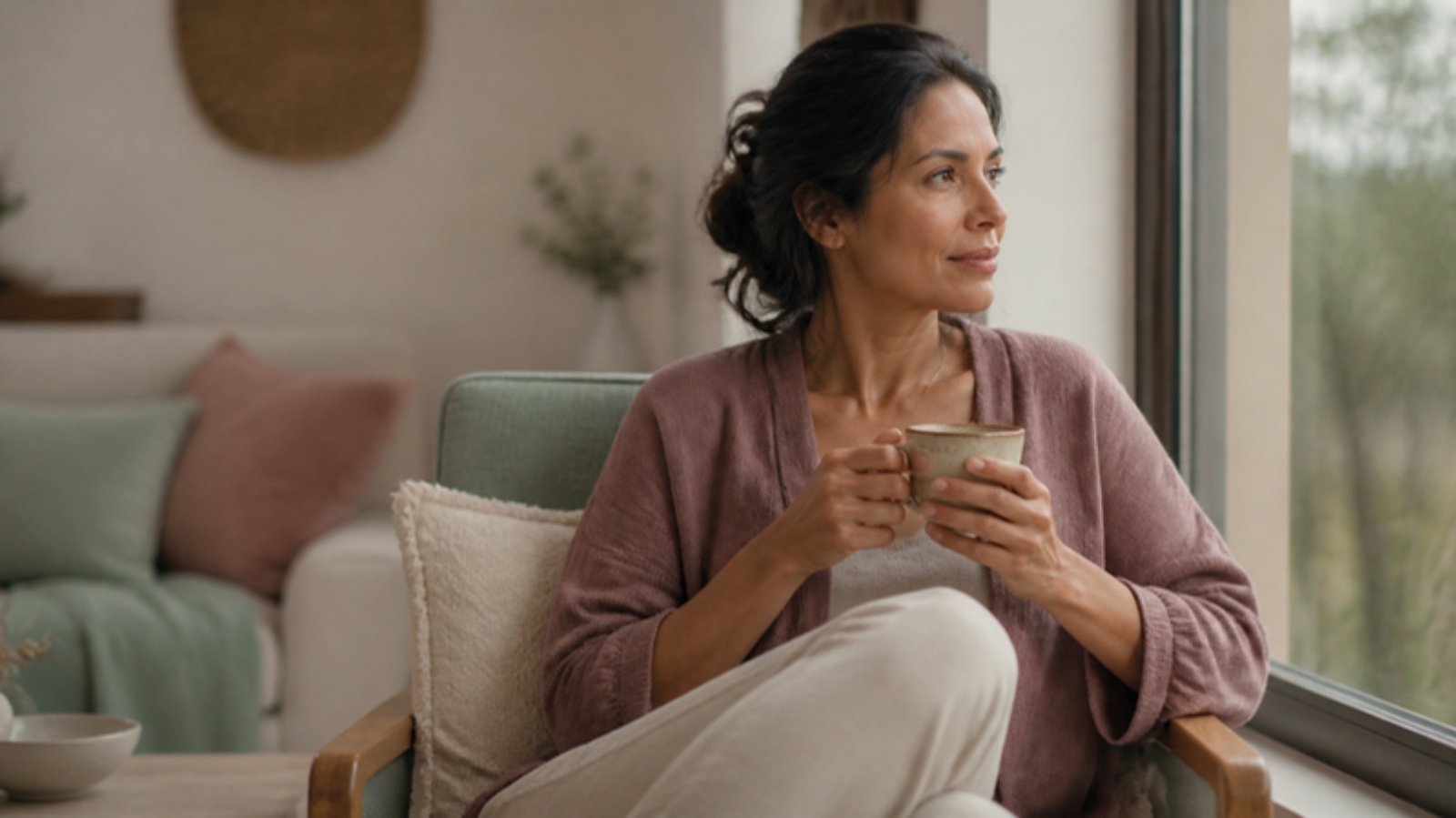 Mujer junto a una ventana con una taza de té, en actitud reflexiva