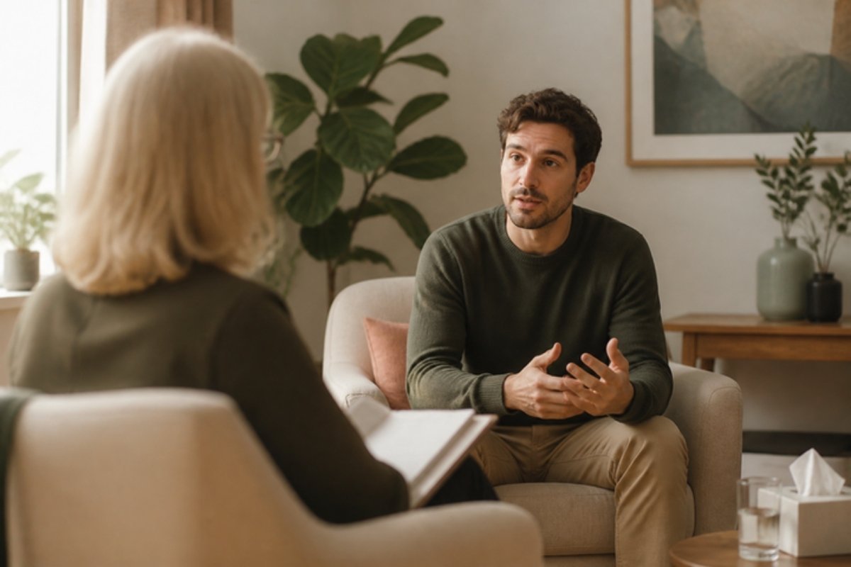 Psicóloga escucha a un paciente durante una sesión de psicoterapia