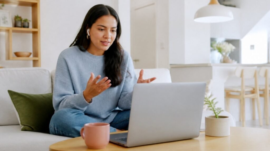 Mujer joven en una sesión de terapia online desde su casa