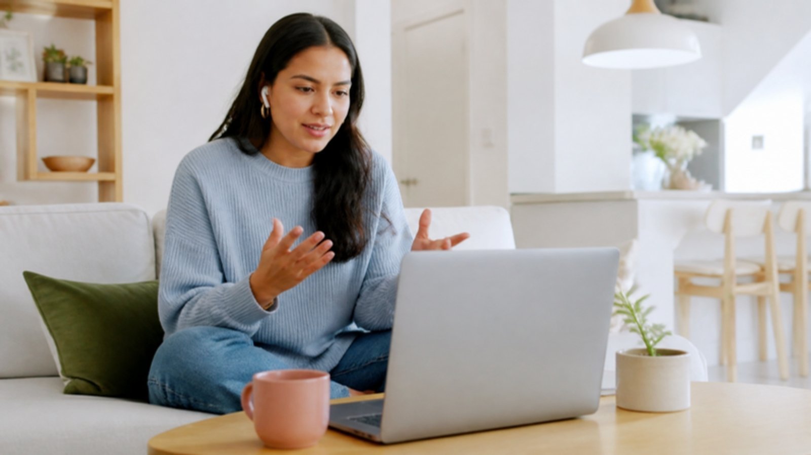 Mujer joven en una sesión de terapia online desde su casa